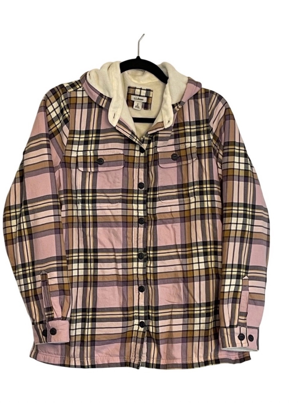 L.L. Bean Coquette Pink Plaid Fleece Lined Hooded Flannel | Size L